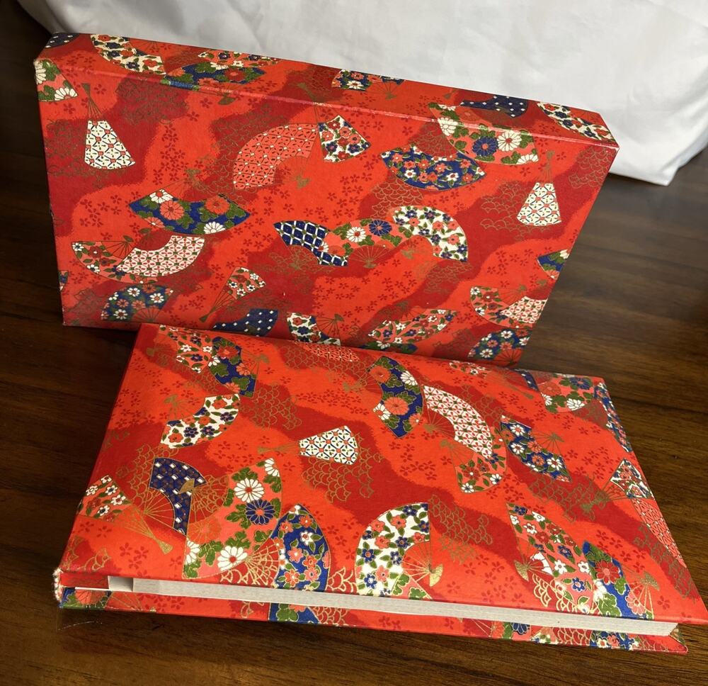 Vintage Satin Fabric Cover Japanese Fans Photo Album Matching Box 15 Cling Pages